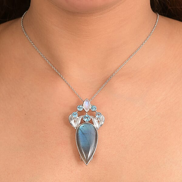 Sajen Silver Malagasy Labradorite Multi Gemstone Pendant Without Chain In Rhodium Over Sterling Silver 28.10 Ctw