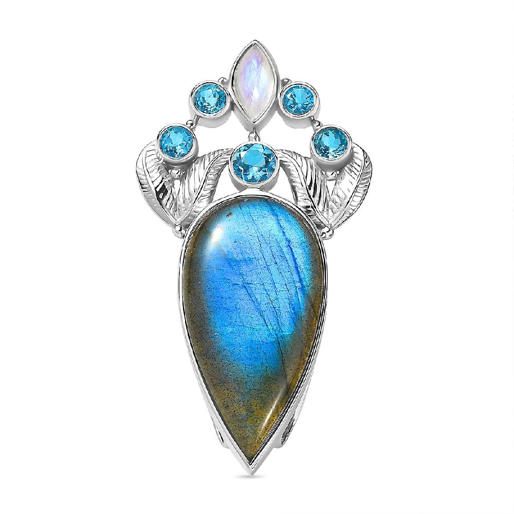 Sajen Silver Malagasy Labradorite Multi Gemstone Pendant without Chain in Rhodium Over Sterling Silver 28.10 ctw