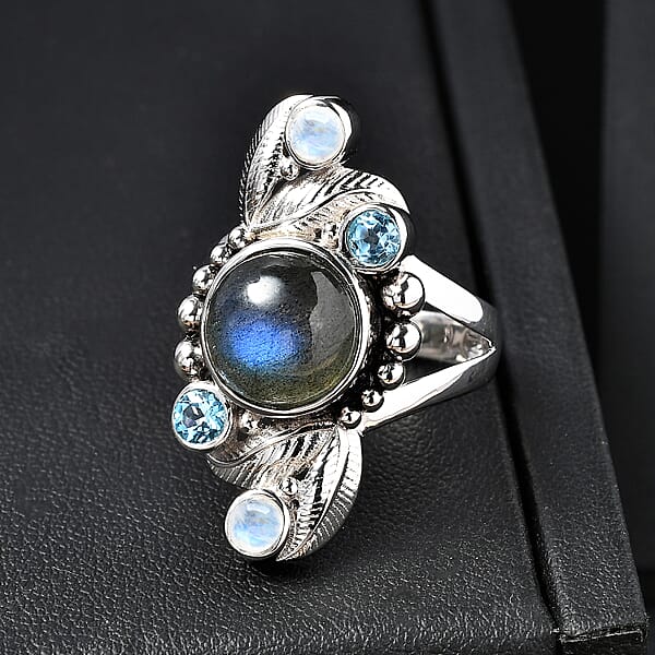 Sajen Silver Malagasy Labradorite Multi Gemstone Ring In Rhodium Over Sterling Silver 5.10 Ctw