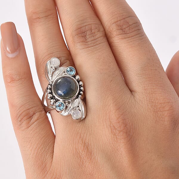 Sajen Silver Malagasy Labradorite Multi Gemstone Ring In Rhodium Over Sterling Silver 5.10 Ctw