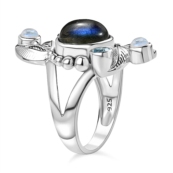 Sajen Silver Malagasy Labradorite Multi Gemstone Ring In Rhodium Over Sterling Silver 5.10 Ctw