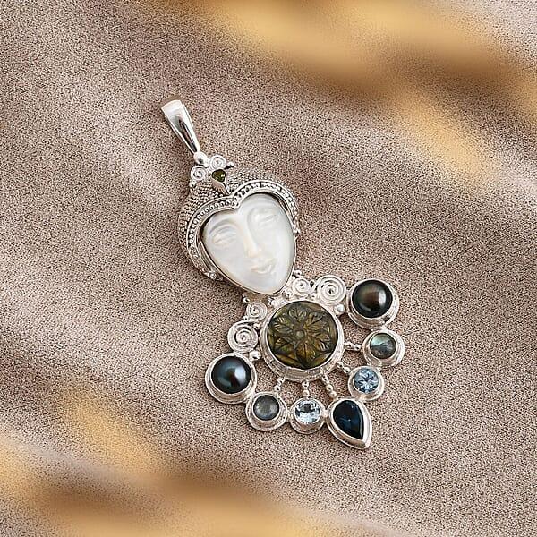 Sajen Silver Mother Of Pearl Carved And Multi Gemstone 25.65 Ctw Pendant Without Chain In Sterling Silver