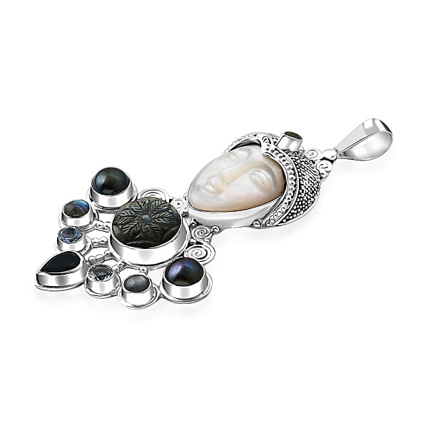 Sajen Silver Mother Of Pearl Carved And Multi Gemstone 25.65 Ctw Pendant Without Chain In Sterling Silver