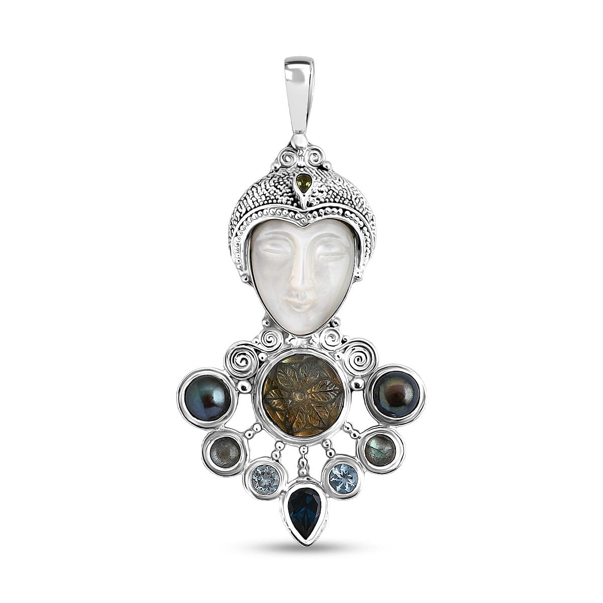 Sajen Silver Mother of Pearl Carved and Multi Gemstone 25.65 ctw Pendant without Chain in Sterling Silver