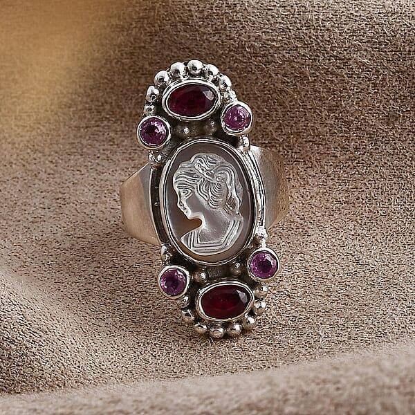 Sajen Silver Pink Cameo And Multi Gemstone 5.20 Ctw Ring In Sterling Silver