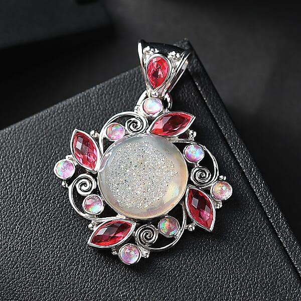 Sajen Silver Pink Pearl Dyed Window Drusy Quartz Multi Gemstone Pendant Without Chain In Rhodium Over Sterling Silver 16.40 Ctw
