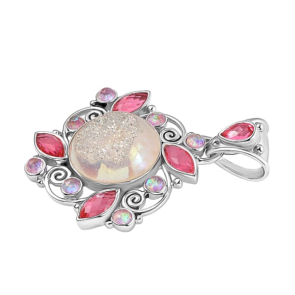 Sajen Silver Pink Pearl Dyed Window Drusy Quartz Multi Gemstone Pendant Without Chain In Rhodium Over Sterling Silver 16.40 Ctw