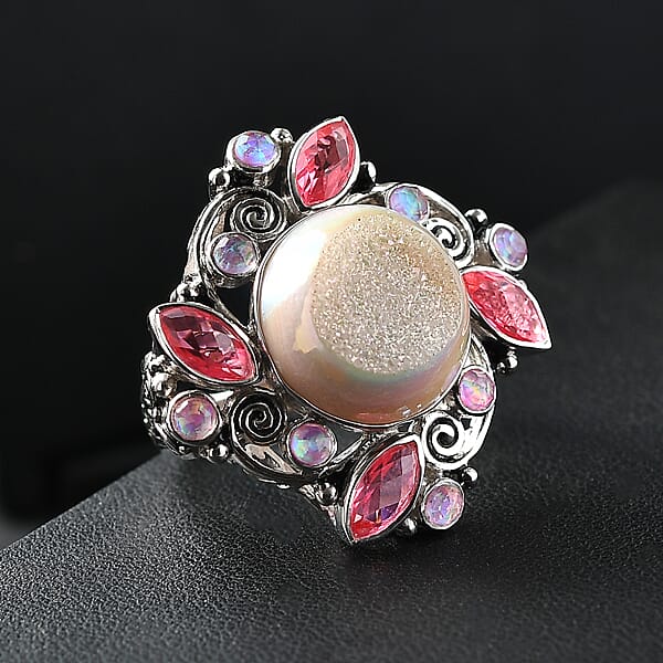 Sajen Silver Pink Pearl Dyed Window Drusy Quartz Multi Gemstone Ring In Rhodium Over Sterling Silver 15.80 Ctw