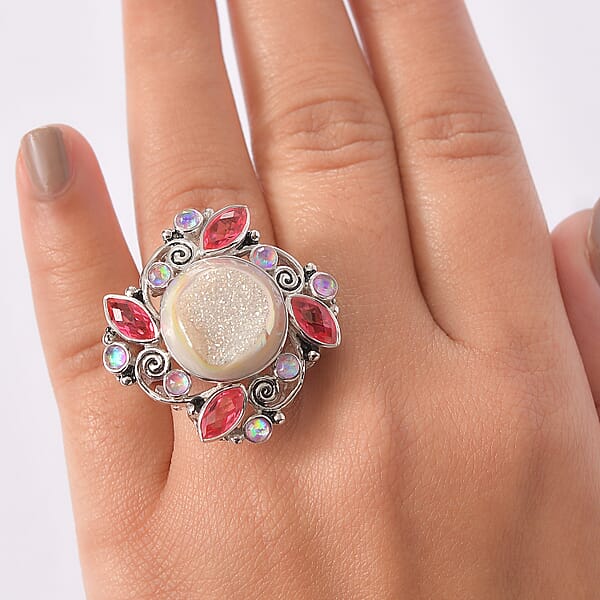 Sajen Silver Pink Pearl Dyed Window Drusy Quartz Multi Gemstone Ring In Rhodium Over Sterling Silver 15.80 Ctw
