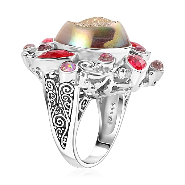 Sajen Silver Pink Pearl Dyed Window Drusy Quartz Multi Gemstone Ring In Rhodium Over Sterling Silver 15.80 Ctw