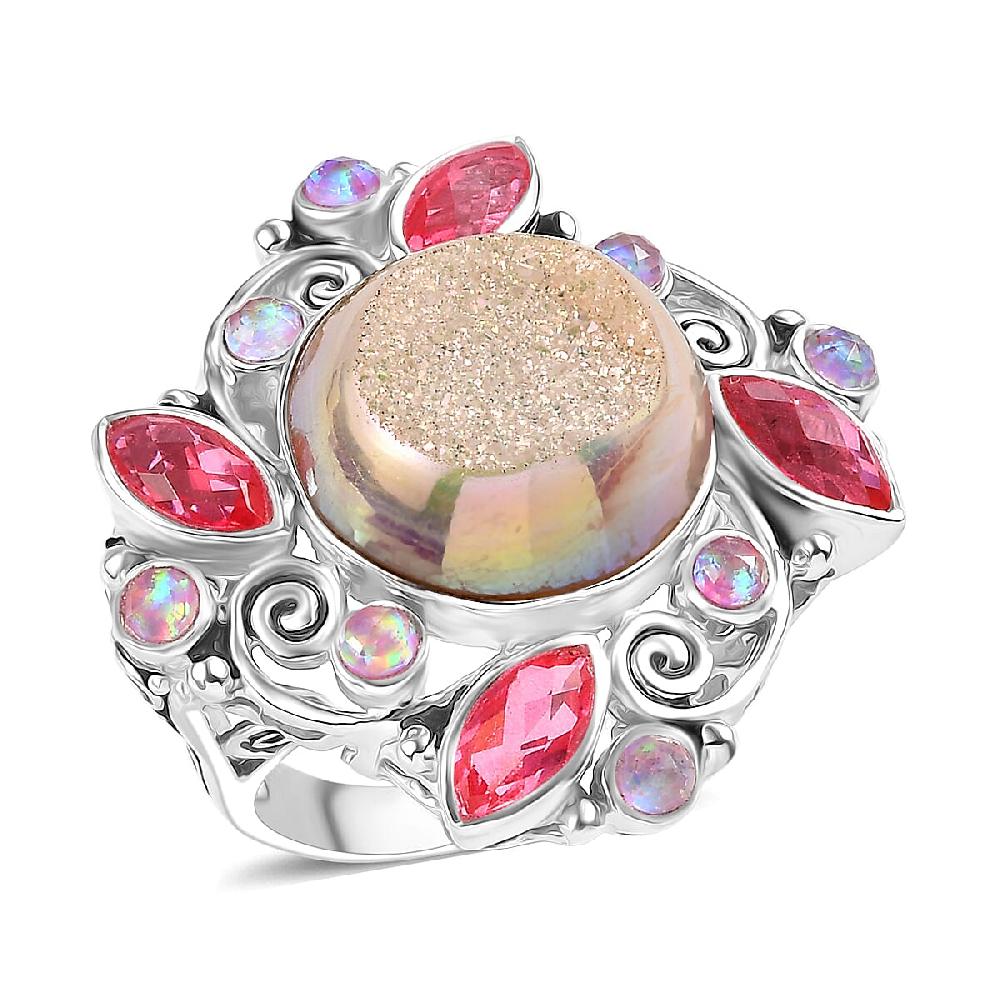 Sajen Silver Pink Pearl Dyed Window Drusy Quartz Multi Gemstone Ring in Rhodium Over Sterling Silver 15.80 ctw