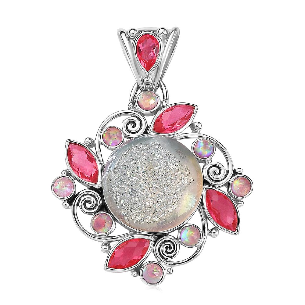 Sajen Silver Pink Pearl Dyed Window Drusy Quartz Multi Gemstone Pendant without Chain in Rhodium Over Sterling Silver 16.40 ctw