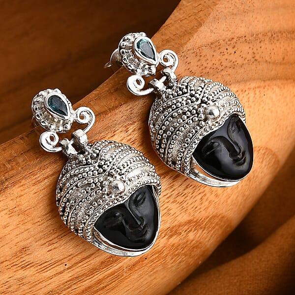 Sajen Silver Rainbow Obsidian Carved And Apatite 9.20 Ctw Buddha Earrings In Sterling Silver