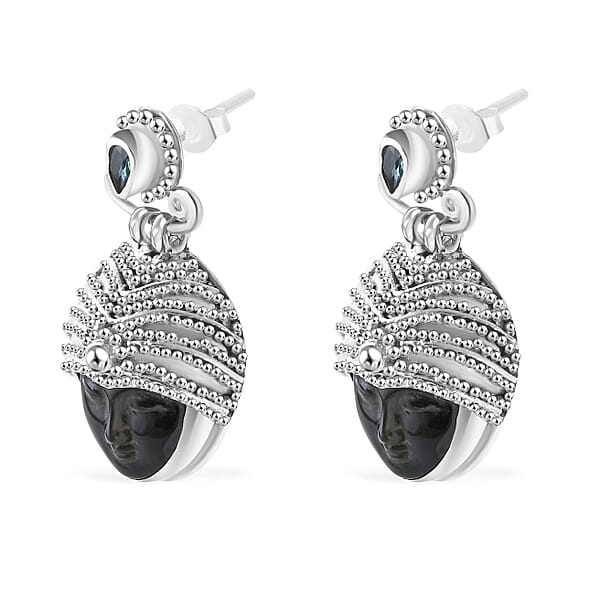 Sajen Silver Rainbow Obsidian Carved And Apatite 9.20 Ctw Buddha Earrings In Sterling Silver