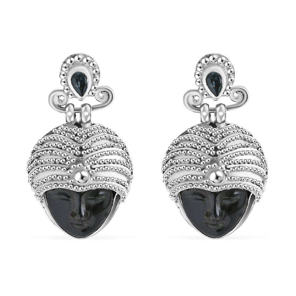 Sajen Silver Rainbow Obsidian Carved and Apatite 9.20 ctw Buddha Earrings in Sterling Silver