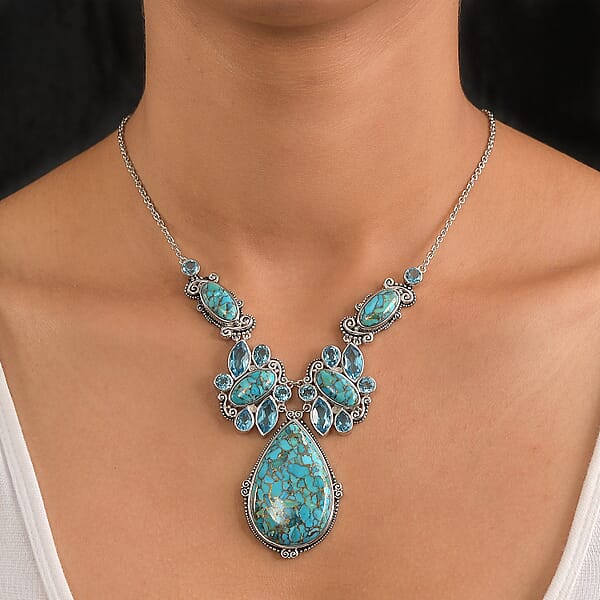 Sajen Silver Recon Turquoise And Celestial Swiss Blue Doublet Quartz 83.90 Ctw Necklace 18 Inches In Rhodium Over Sterling Silver