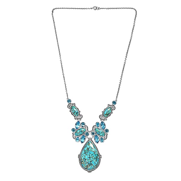 Sajen Silver Recon Turquoise And Celestial Swiss Blue Doublet Quartz 83.90 Ctw Necklace 18 Inches In Rhodium Over Sterling Silver