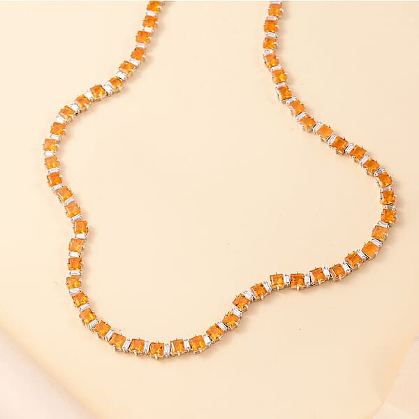 Salamanca Fire Opal And Moissanite 21.15 Ctw Sea Waves Necklace In Rhodium Over Sterling Silver 18 Inches