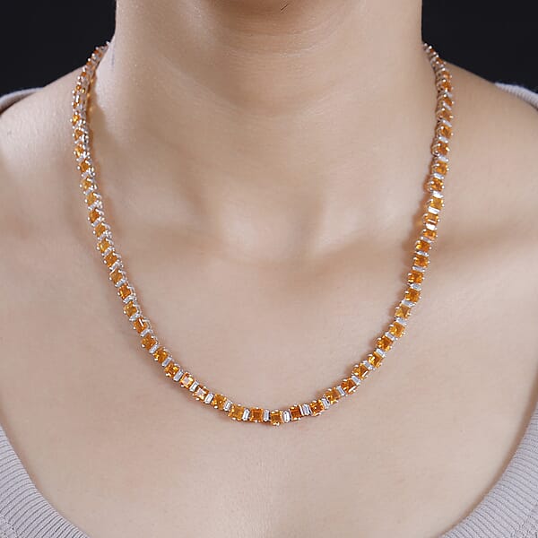 Salamanca Fire Opal And Moissanite 21.15 Ctw Sea Waves Necklace In Rhodium Over Sterling Silver 18 Inches
