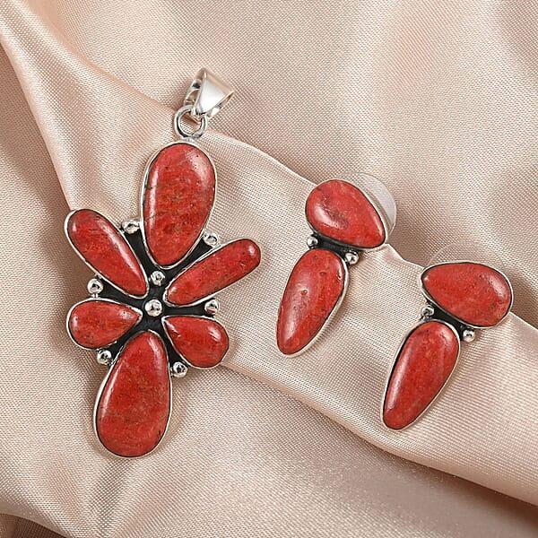 Santa Fe Style Coral Abstract Earrings And Pendant In Sterling Silver