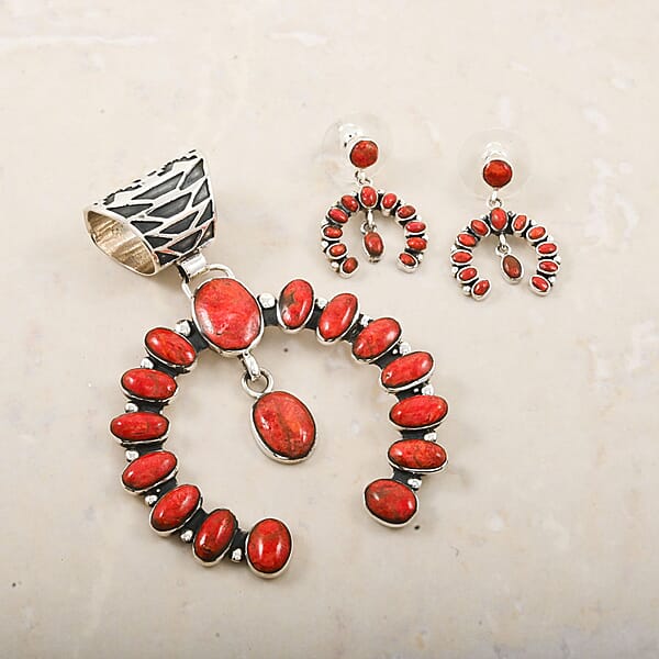 Santa Fe Style Enhanced Red Coral 12.00 Ctw Horseshoe Pendant Without Chain And Earrings In Sterling Silver