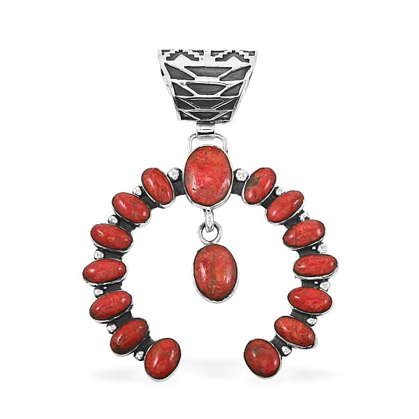 Santa Fe Style Enhanced Red Coral 12.00 Ctw Horseshoe Pendant Without Chain And Earrings In Sterling Silver
