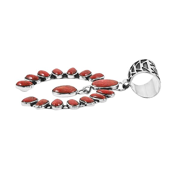 Santa Fe Style Enhanced Red Coral 12.00 Ctw Horseshoe Pendant Without Chain And Earrings In Sterling Silver