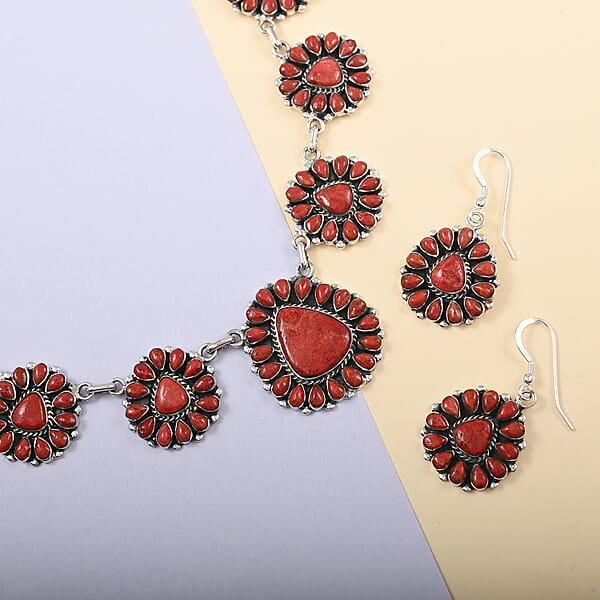 Santa Fe Style Enhanced Red Coral Statement Necklace 20 Inches And Floral Inspired Dangle Earrings In Sterling Silver
