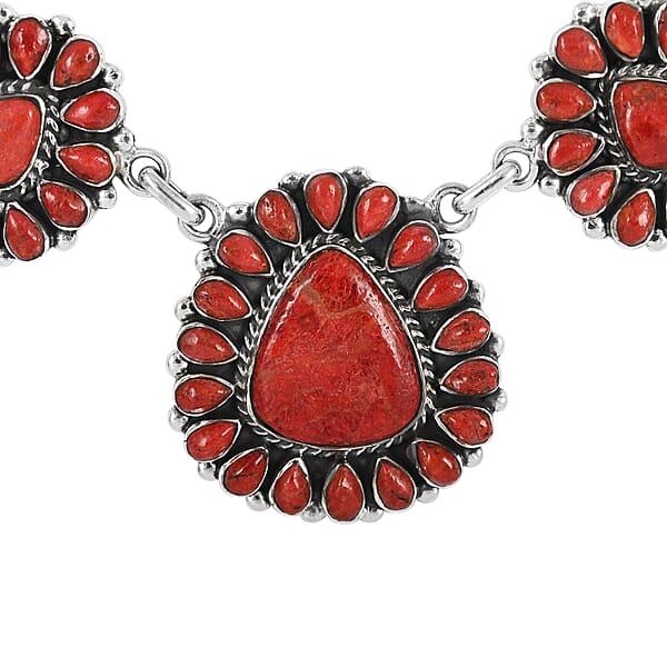 Santa Fe Style Enhanced Red Coral Statement Necklace 20 Inches And Floral Inspired Dangle Earrings In Sterling Silver
