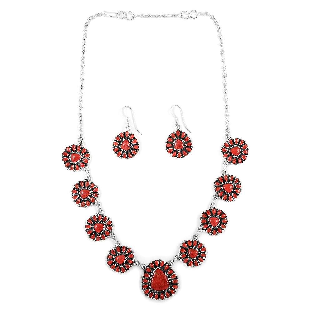 Santa Fe Style Enhanced Red Coral Statement Necklace 20 Inches and Floral Inspired Dangle Earrings in Sterling Silver