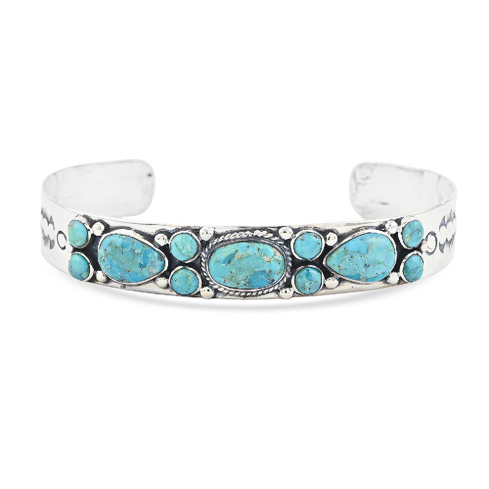 Santa Fe Style Kingman Turquoise 16 ctw Bracelet in Sterling Silver (7.00 In)