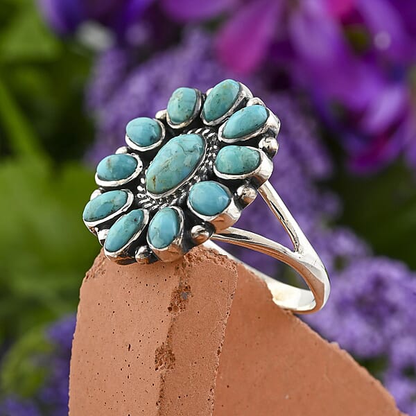 Santa Fe Style Kingman Turquoise 2.75 Ctw Flower Ring In Sterling Silver