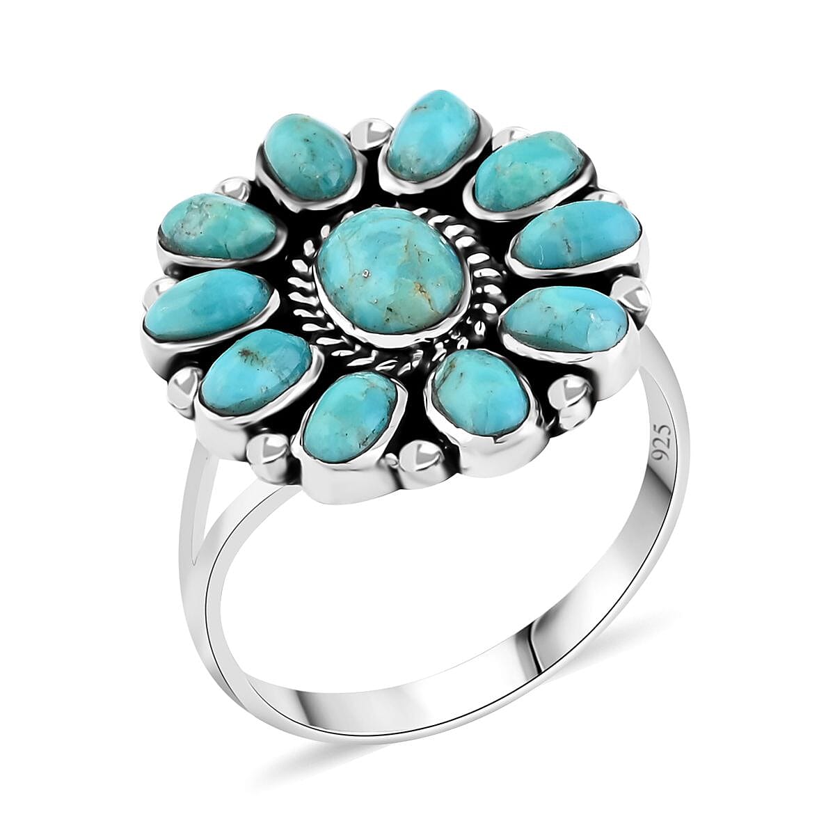 Santa Fe Style Kingman Turquoise 2.75 ctw Flower Ring in Sterling Silver