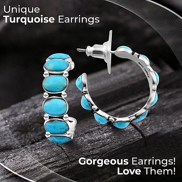 Santa Fe Style Kingman Turquoise 3.75 Ctw Half Hoop Earrings In Sterling Silver