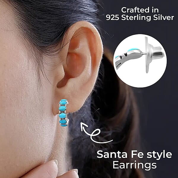 Santa Fe Style Kingman Turquoise 3.75 Ctw Half Hoop Earrings In Sterling Silver