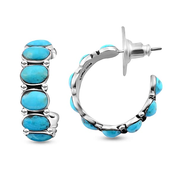 Santa Fe Style Kingman Turquoise 3.75 Ctw Half Hoop Earrings In Sterling Silver