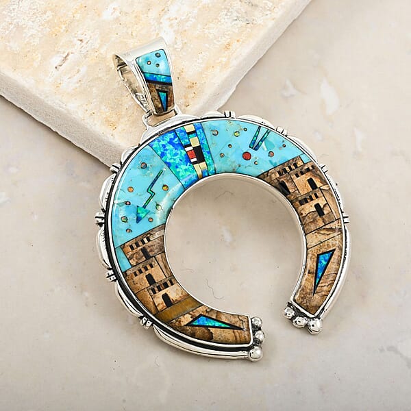 Santa Fe Style Kingman Turquoise 48.00 Ctw Pueblo Pendant Without Chain In Sterling Silver