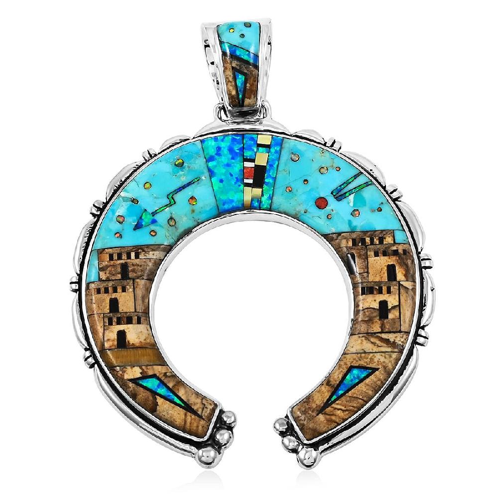 Santa Fe Style Kingman Turquoise 48.00 ctw Pueblo Pendant without Chain in Sterling Silver