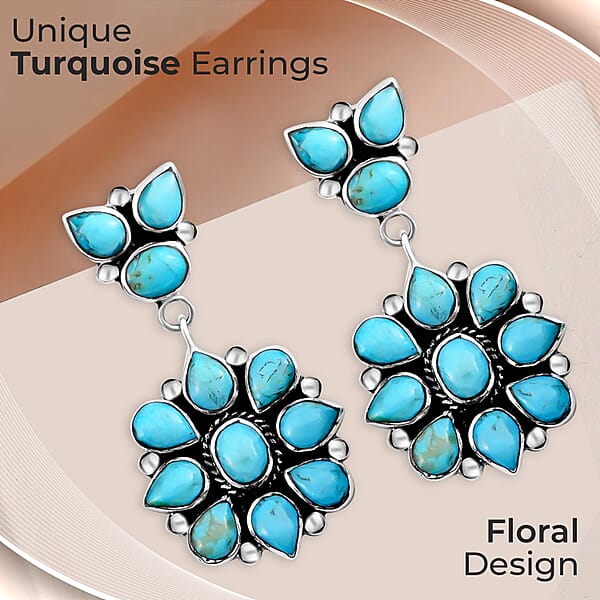 Santa Fe Style Kingman Turquoise 6.50 Ctw Earrings In Sterling Silver Turquoise Dangle Earrings Silver Drop Flower Earrings Flower Jewelry For Women