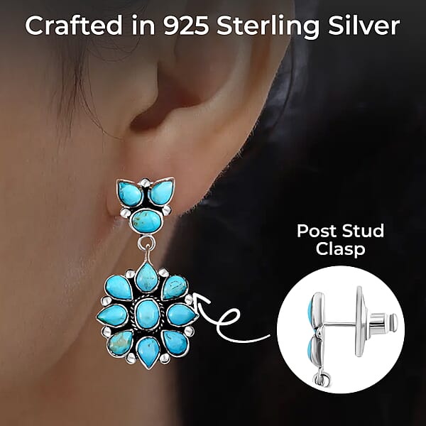 Santa Fe Style Kingman Turquoise 6.50 Ctw Earrings In Sterling Silver Turquoise Dangle Earrings Silver Drop Flower Earrings Flower Jewelry For Women