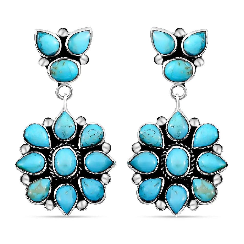 Santa Fe Style Kingman Turquoise 6.50 ctw Earrings in Sterling Silver Turquoise Dangle Earrings Silver Drop Flower Earrings Flower Jewelry For Women