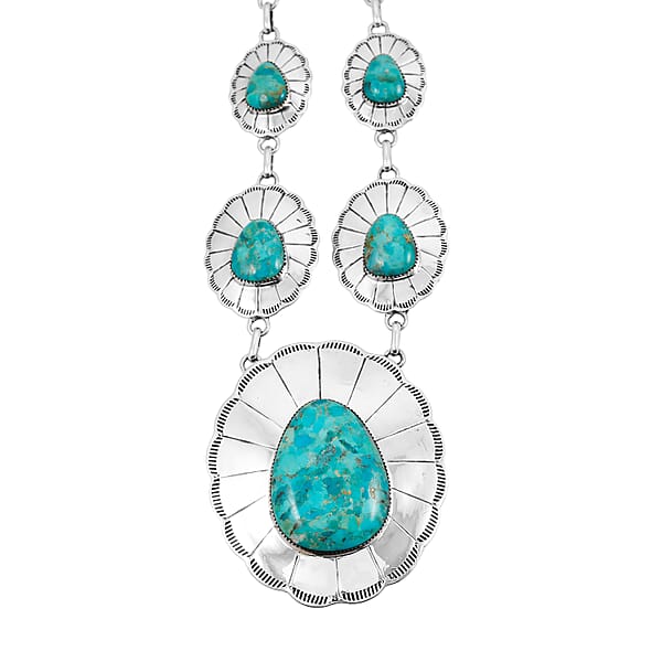 Santa Fe Style Kingman Turquoise 60.00 Ctw Necklace (20 Inches) And Earrings In Sterling Silver