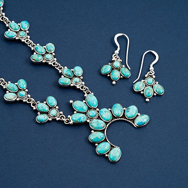 Santa Fe Style Kingman Turquoise 73.00 Ctw Necklace (20 Inches) And Earrings In Sterling Silver