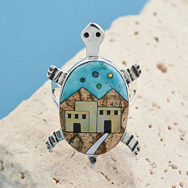 Santa Fe Style Kingman Turquoise And Multi Gemstone 7.25 Ctw Pueblo Ring In Sterling Silver