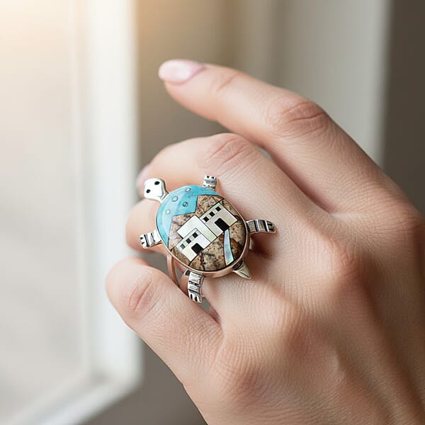 Santa Fe Style Kingman Turquoise And Multi Gemstone 7.25 Ctw Pueblo Ring In Sterling Silver