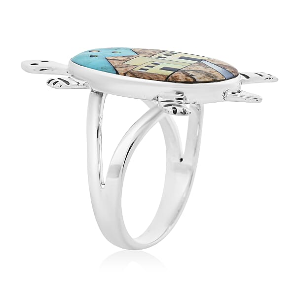 Santa Fe Style Kingman Turquoise And Multi Gemstone 7.25 Ctw Pueblo Ring In Sterling Silver