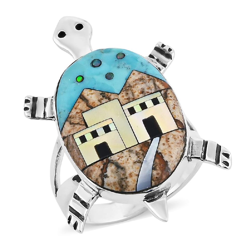 Santa Fe Style Kingman Turquoise and Multi Gemstone 7.25 ctw Pueblo Ring in Sterling Silver