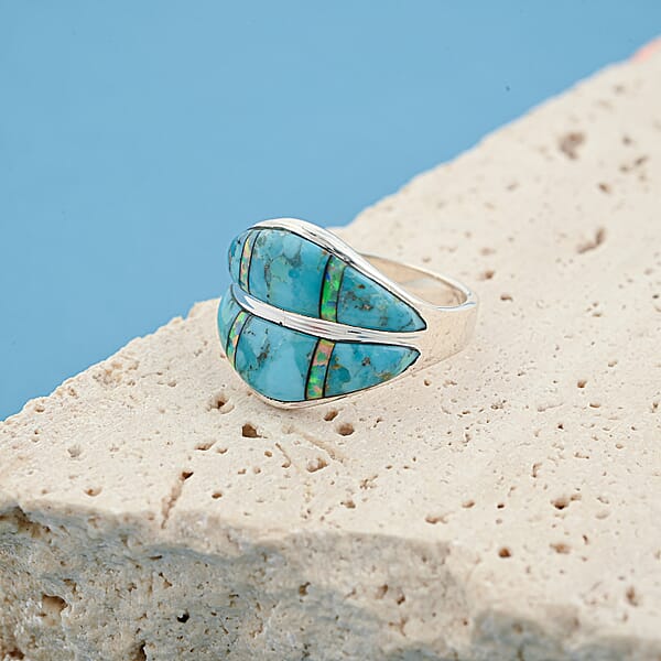 Santa Fe Style Kingman Turquoise And Opal 10.60 Ctw Ring In Sterling Silver