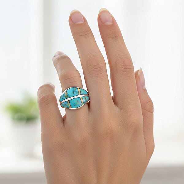 Santa Fe Style Kingman Turquoise And Opal 10.60 Ctw Ring In Sterling Silver
