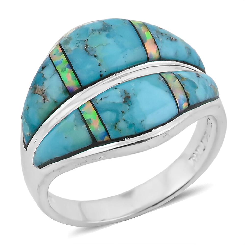 Santa Fe Style Kingman Turquoise and Opal 10.60 ctw Ring in Sterling Silver